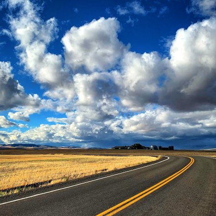 Open highway curving through golden prairie fields under a big cloudy sky