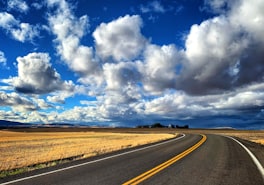 Open highway curving through golden prairie fields under a big cloudy sky